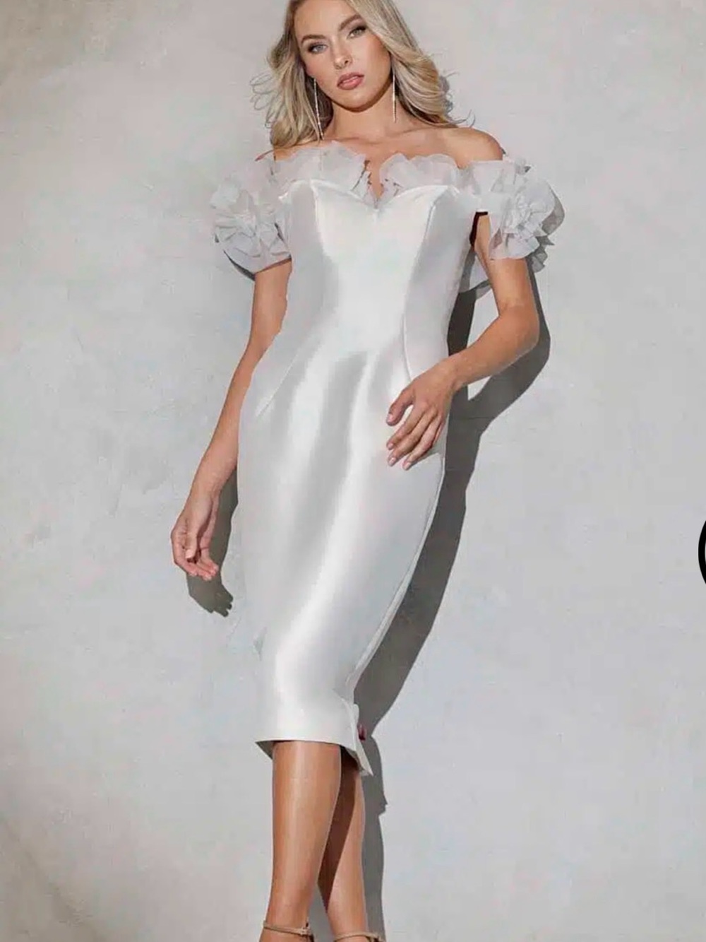Terani Couture White Satin Mini Dress with Floral Shoulder Appliqués